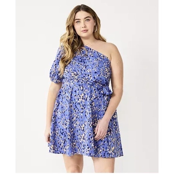 Nine West Dresses & Skirts - Nine West Womens XL Blue Leopard Print One Shoulder Tie Waist Mini Dress XL
